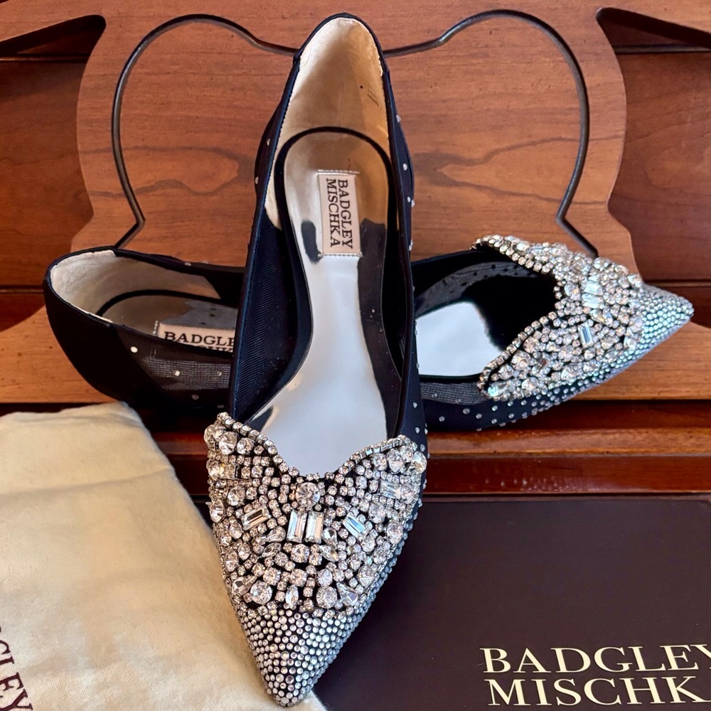 Badgley Mischka Quinn Black Crystal-Embellished Pointed Flats